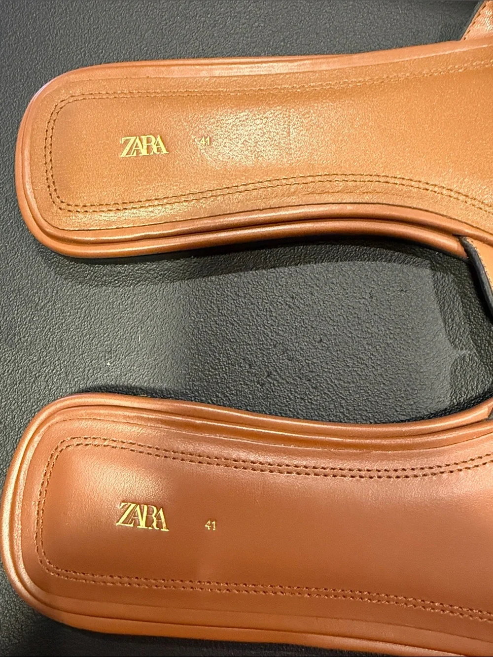 Zara Cognac Leather Slide Sandals with Gold Buckle Detail - Picture 2 of 4